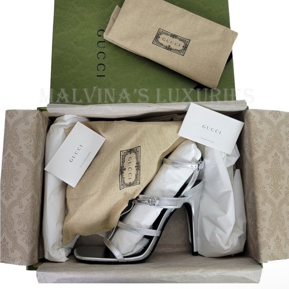 GUCCI Horsebit Leather Strappy Sandals • Silver • Size 38/US 8• NWT • RARE - Picture 3 of 7